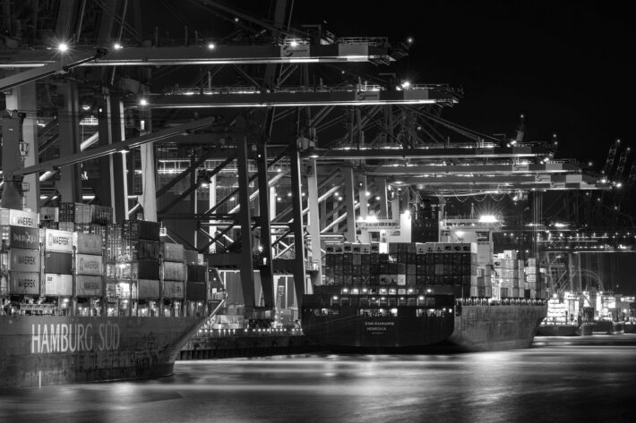 Supply chain shipping containers at a port